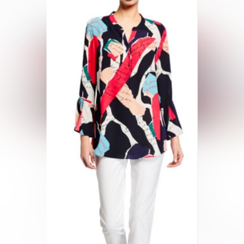 NIC+ZOE Womens Navy Printed Split Wear To Work Blouse Small - Picture 9 of 9